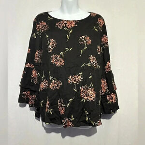 Tribal Floral Print Ruffle Sleeve Blouse Size Medium